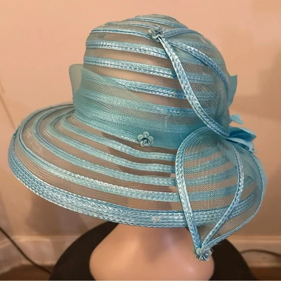 Blue Organza and straw hat flower accent perfect for derby, church, wedding - Picture 5 of 6